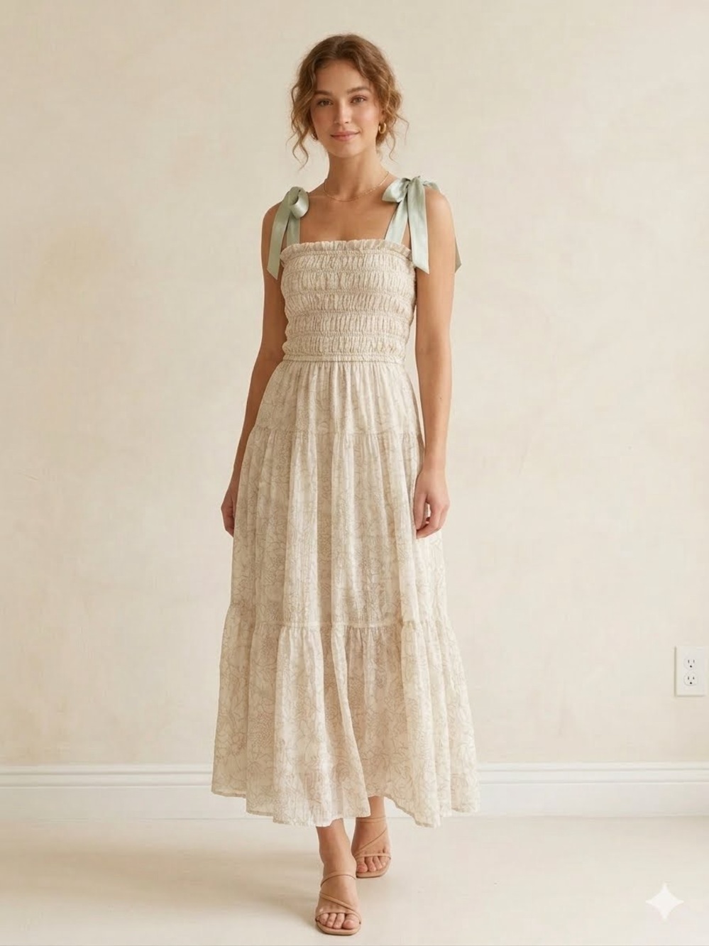 En Saison Smocked Tiered Maxi Dress with Mint Bow Straps - Size M (EUC)